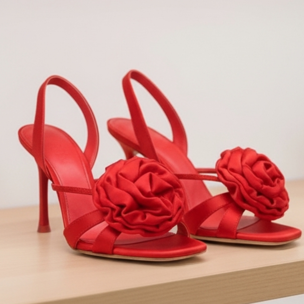 Deltan Izzie Cherry Red Satin Floral Rosette Open Toe Slingback Heel Size 8